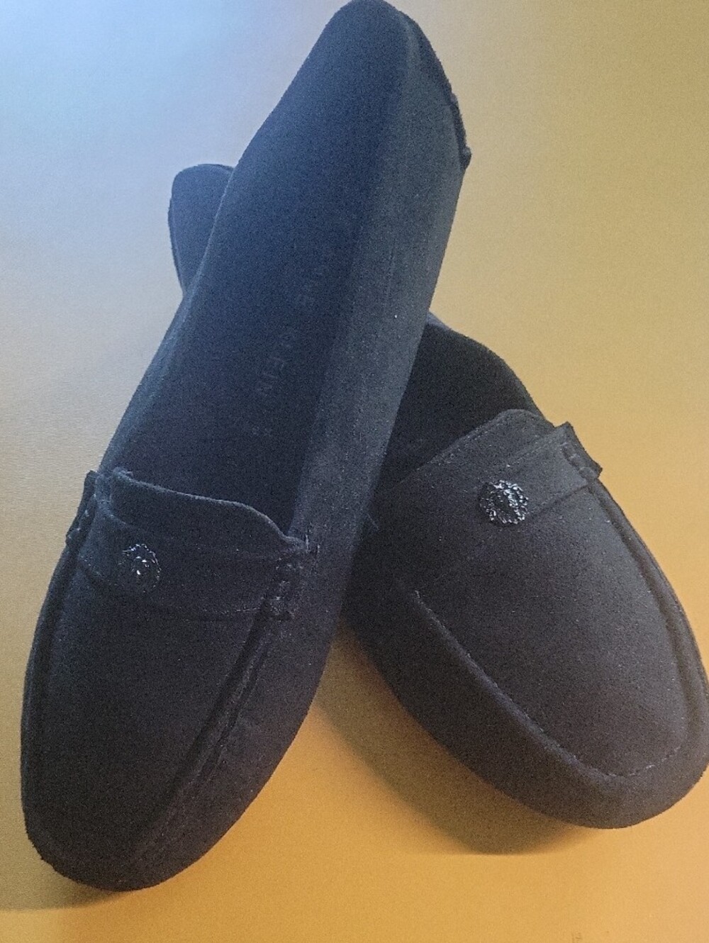NWOT Anne Klein Black Suede Penny Loafers with Decorative Emblem - Picture 11 of 12